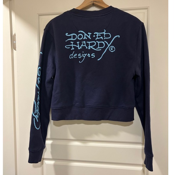 Ed Hardy Navy Blue Cropped Sweatshirt Koi Fish Tattoo Graphic Y2K Womens Medium - Picture 2 of 7